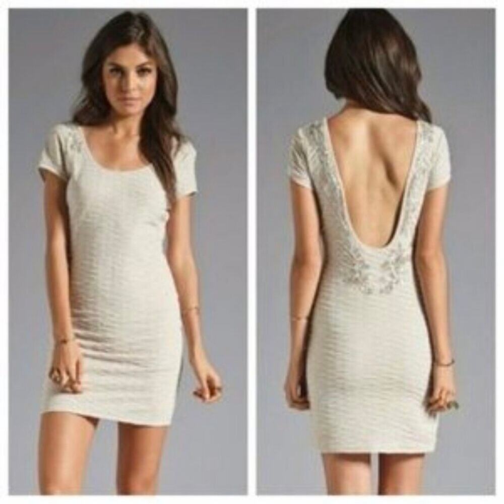 Free People Bringing Sexy Back Champagne Textured Beaded Mini Dress - size Small